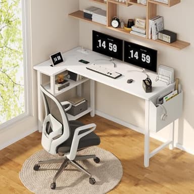 Lufeiya White L Shaped Computer Desk with Power Outlet Shelves, 47 Inch Corner Desk for Home Office Bedroom, L-Shaped Study Writing Working PC Desks, White - Image 2