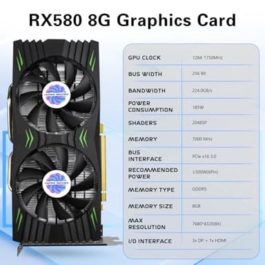 HyperRender RX 580 Graphics Card 8GB 2048SP GDDR5 256 Bit PC Gaming Video Card 3*DP 1*HDMI PCI Express 3.0 with Freeze Fan Stop for Desktop Computer GPU for Gaming PC - Image 2