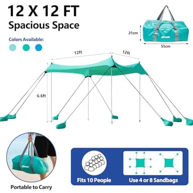 Camping Tent UPF50+ with 8 Sandbags, Beach Shade Canopy with Stability Poles and Big Ground Pegs, Pop Up Canopy for Camping, Picnics, 12X12FT Green - Image 7
