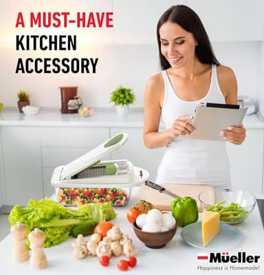 Mueller Pro-Series 10-in-1, 8 Blade Vegetable Chopper, Onion Mincer, Cutter, Dicer, Egg Slicer with Container, French Fry Cutter Potato Slicer, Home Essentials, Salad Chopper White Sand/Green - Image 7