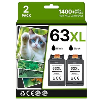 63XL Black Ink Cartridge High-Yield for HP Ink 63 Replacement for HP 63 Black Ink Cartridge Works for HP OfficeJet 3830 4650 5255 5258 5200 Envy 4520 4512 4510 DeskJet 1112 2130 3630 F6U64AN (2 Pack) - Image 1