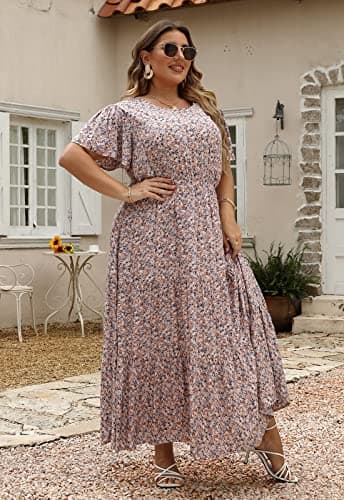 Nemidor Plus Size Maxi Dresses for Curvy Women Summer Casual Boho Ditsy Floral Print Layered Flared Long Dress with Pocket(304,24,Pink Print) - Image 2
