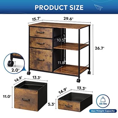 DEVAISE 3 Drawer Mobile File Cabinet, Rolling Printer Stand with Open Storage Shelf, Fabric Lateral Filing Cabinet fits A4 or Letter Size for Home Office, Rustic Brown Wood Grain Print - Image 3