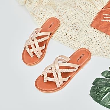 Veittes Women's Flat Slide Sandals - Casual Comfort Braided Multiple Criss Cross Braided Strap Slip-On Pinstripe Flat Summer Thong Sandals,Golden/MF,12 US,2307001 - Image 4