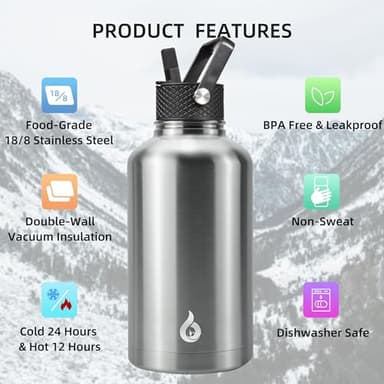 BJPKPK Half Gallon Insulated Water Bottles with Straw Lid, 64oz Large Water Jug, Stainless Steel Bottles with 3 Lids and Paracord Handle, Thermo for Hot & Cold Liquid, Stainless Steel - Image 3