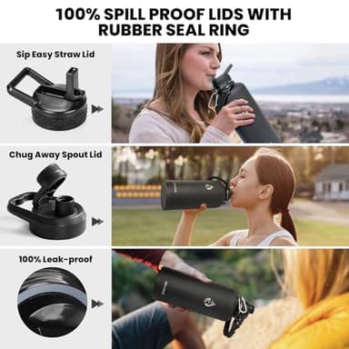 RAYMYLO Insulated Water Bottle 87 oz, Triple Wall Vacuum Stainless Steel (Cold for 48 Hrs), Leak Proof & Non-BPA, Modern Water Flask Jug with Paracord Handle & Straw Spout Lids, Magic Black - Image 3