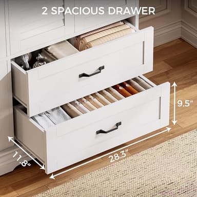 IRONCK Armoire Wardrobe Closet, 70.87" H Wooden Bedroom Armoire with 2 Louvered Doors, 2 Drawers and Shelves, Large Freestanding Clothing Storage Cabinet, White - Image 2