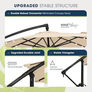 wikiwiki 10ft Solar LED Offset Hanging Market Cantilever Patio Umbrella for Backyard, Poolside, Lawn and Garden, Easy Tilt Adjustment, Polyester Shade & Cross Base, Beige - Image 6