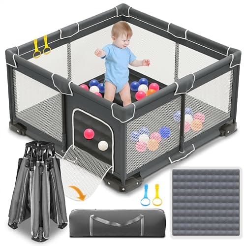 ICAREWAY Foldable Playpen for Babies and Toddlers, 50x50 Inches Portable Playpen, Kids Collapsible Play Pen with 2 Handlers, Indoor & Outdoor Baby Fence Play Area with Visible Mesh, Dark Gray - Image 1