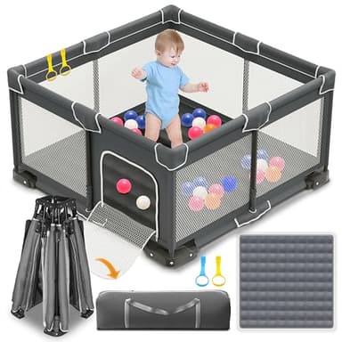 ICAREWAY Foldable Playpen for Babies and Toddlers, 50x50 Inches Portable Playpen, Kids Collapsible Play Pen with 2 Handlers, Indoor & Outdoor Baby Fence Play Area with Visible Mesh, Dark Gray - Image 1