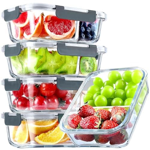 VERONES 5 Pack Glass Meal Prep Containers 2 Compartment Set, 36OZ Airtight Glass Lunch Containers, Glass Food Storage Containers with Lids, for Microwave, Oven, Freezer & Dishwasher Friendly,Grey - Image 1