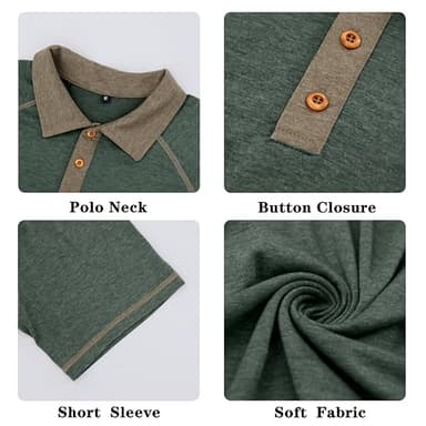 Men's Polo Shirts Short Sleeve Casual Vintage Collared Button Basic Golf Raglan Tee T-Shirts Green - Image 5