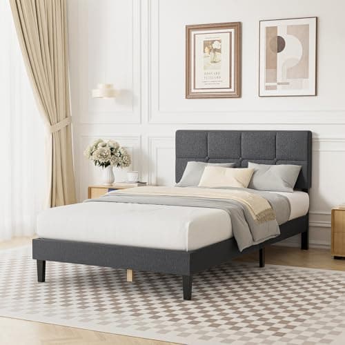 Sweetcrispy Twin Size Wood Bed Frame - Linen Upholstered Platform Bed with Headboard, No Box Spring Needed with 800LBS Sturdy Wooden Slats Support, Noise Free, Easy Assembly, Dark Grey - Image 1