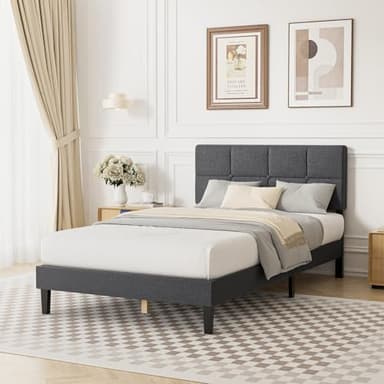 Sweetcrispy Twin Size Wood Bed Frame - Linen Upholstered Platform Bed with Headboard, No Box Spring Needed with 800LBS Sturdy Wooden Slats Support, Noise Free, Easy Assembly, Dark Grey - Image 1