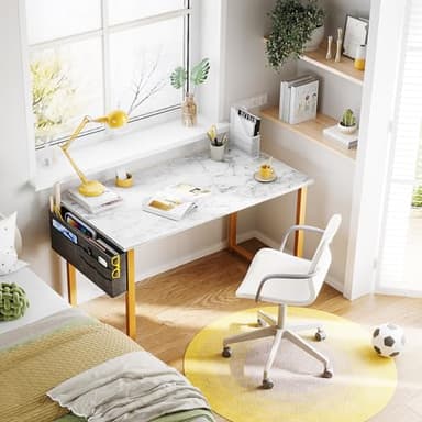 ODK Computer Desk, 40 Inch Small Study Desk, Office Desk with Storage, Work Table with Headphone Hook for Small Space Home Office, White Marble + Gold Leg - Image 5