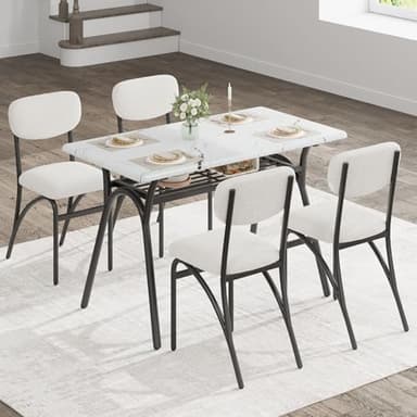 GarveeHome 5-Piece Dining Table Set for 4, Modern Kitchen Table with 4 Boucle Chairs, Rectangular Dining Table with Storage Shelf & Marble Tabletop, Beige Home Dining Furniture for Small Space - Image 3