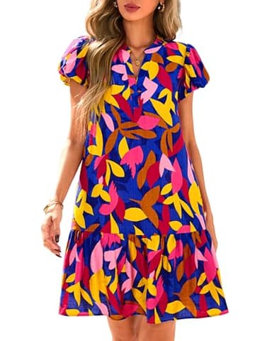 dowerme Womens Summer Dresses 2025 Puffy Sleeve V Neck Loose Floral Print A Line Boho Mini Babydoll Dress with Pockets(Blue Floral,Medium) - Image 1