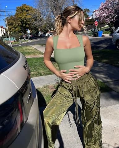 OQQ Women's 3 Piece Bodysuits Sexy Ribbed Strappy Square Neck Sleeveless Tummy Control Tank Tops Bodysuits Black Pea green Beige - Image 2