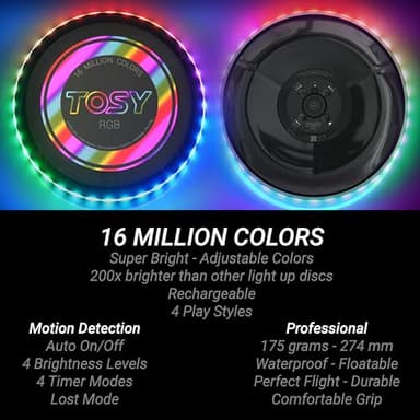 TOSY Flying Disc - 16 Million Color RGB or 36 LEDs, Extremely Bright, Smart Modes, Auto Light Up, Rechargeable, Easter, Birthday & Camping Gift for Men/Boys/Girls/Teens/Kids, 175g - Image 3