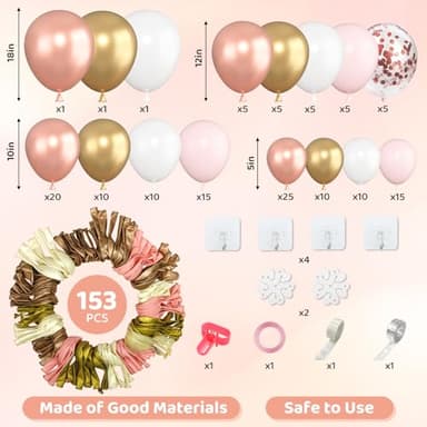 Amandir 153pcs Rose Gold Balloon Garland Arch Kit, Different Sizes 18 12 10 5 inch Pink White Gold Latex Metallic Confetti Balloons for Girls Graduation Birthday Bridal Baby Shower Party Decorations - Image 2