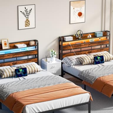 Furnulem Headboard for Queen Size Bed with Storage, LED Light Head Boards with Outlets & USB Ports, Height Adjustable Headboards for Dorm Bedroom, Sturdy Stable Cabeceras de Cama Rustic Brown - Image 4