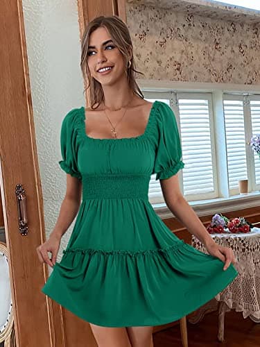 Heysolo Womens Square Neck Mini Dress Casual Short Sleeve Empire Waist Smocked Summer Babydoll Dresses - Image 3