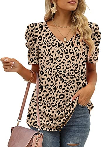 Oversized T Shirts for Women Leopard Print Tops V Neck Short Sleeve Shirts Loose Fit L - Image 2