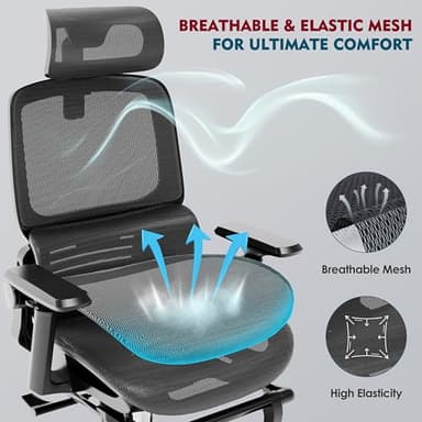 MOLENTS Ergonomic Office Chair, High Back Desk Chairs with Retractable Footrest, Breathable Mesh, Adjustable Headrest, 3D Armrests, Lumbar Support, Tilt Function, Comfy Swivel Computer Gaming Chair - Image 8
