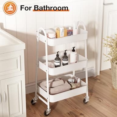 Sweetcrispy 3 Tier Metal Storage Utility Cart with Wheels, Kitchen Organizer Trolley Rolling Bathroom Laundry Room Bar Office Shelves Mobile Shelving Unit Caster for Snack Bedside Narrow Places, White - Image 5