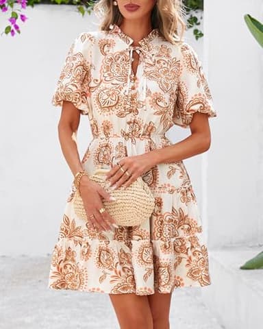 BTFBM Women Summer Floral Short Dresses V Neck Short Sleeve Tiered Ruffle Boho Swing Dress A-Line Mini Dresses(White Apricot Floral,Large) - Image 8