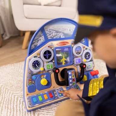 Melissa & Doug Jet Pilot Interactive Dashboard, Pretend Play Airplane Cockpit with Steering Yoke, Lights, Sounds, Buttons & Switches for Fidget Play, Wooden Toys for Kids Ages 3+ - FSC Certified - Image 6