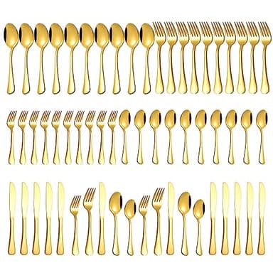 Gold Silverware Set for 12, Compralo 60 Pieces Stainless Steel Shiny Gold Flatware Set, Cutlery Tableware Set Include Spoons, Forks, Knives for Home and Restaurant - Image 1