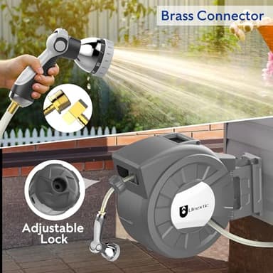 Retractable Garden Hose Reel, 1/2 in x 125 ft Wall Mounted Hose Reel, 10-Pattern Spray Nozzle, Any Length Lock/Slow Return System/Wall Mounted/180°Swivel Bracket - Image 6