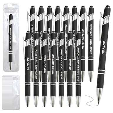20 Piece Inspirational Pens Kit with Stylus Tip & Sayings – 10 Motivational Pen + 10 Individual Bags – Uplifting Quote & Positive Ideas – For Teachers, Office, School, Meetings, Team Events(Black) - Image 1