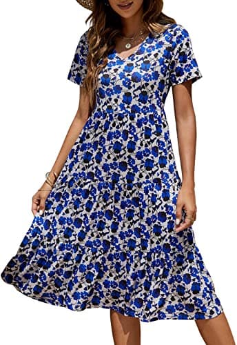 Berydress Womens Casual Summer Dresses 2025 Short Sleeve V-Neck Wedding Guest Floral Tiered Midi Dress (M, 6175-RB Flowers) - Image 1