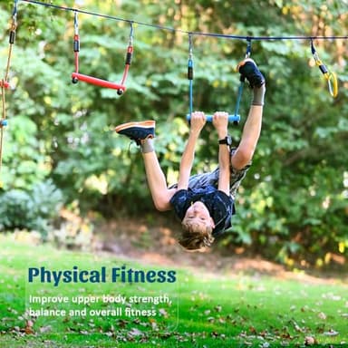 Ninja Warrior Obstacle Course for Kids, 2×56ft Slackline Kit with 8 Ninja Accessories - Monkey Bar, Rope Ladder, Gymnastic Ring, Arm Trainer and Monkey Fist - Image 5
