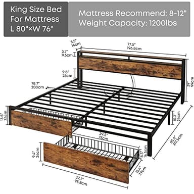 LIKIMIO King Bed Frame with Storage Headboard, Platform Bed with Drawers and Charging Station, No Box Spring Needed, Easy Assembly, Vintage Brown - Image 2