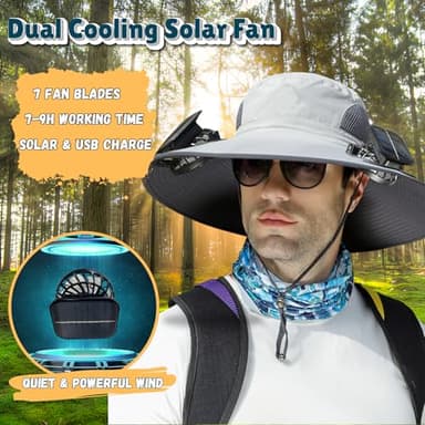 Outdoor Wide Brim Sun Hat with 2 Solar Fan Sun Bucket Hat for Men Women UPF 50+ Bucket Fishing & Beach Hat with Fan Built in (US, Alpha, Medium, XX-Large, A Khaki) - Image 3