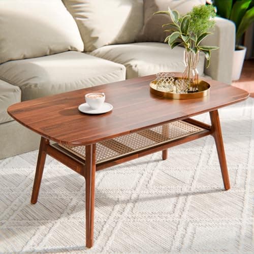 Bme Nancy Solid Acacia Wood Coffee Table for Living Room, Spacious Oval-Shaped 237 Lbs Top Capacity, Rattan Shelf Below, Mid Century, Rustic and Modern Style Living Room Furniture, Dark Chocolate - Image 1