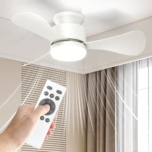 Hisummer 28 Inch Small White Fan with Light and Remote, Modern Reversible Flush Mount Fan for Bedroom, Kitchen, Patio, Indoor/Outdoor (White) - Image 1