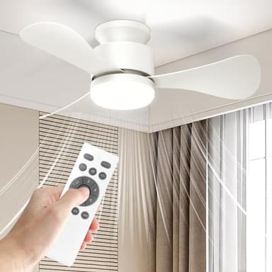 Hisummer 28 Inch Small White Fan with Light and Remote, Modern Reversible Flush Mount Fan for Bedroom, Kitchen, Patio, Indoor/Outdoor (White) - Image 1