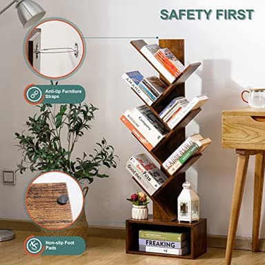 Yoobure Tree Bookshelf - 6 Shelf Retro Floor Standing Bookcase, Tall Wood Book Storage Rack for CDs/Movies/Books, Utility Book Organizer Shelves for Bedroom, Living Room, Home Office, Rustic Brown - Image 5