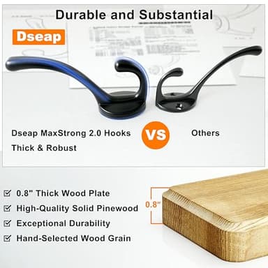 Dseap Wall Mounted Coat Rack: 24" Long, Patented, Heavy-Duty, 6-Double-Hooks Wooden Hanger Rail for Winter Coats, Hat, Jacket, Clothing - Black, Pack of 2 - Image 2