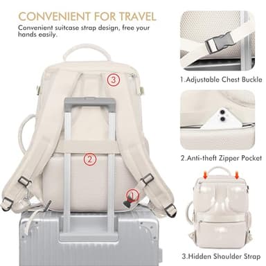 Beraliy Travel Backpack, Large Carry On Backpack, Personal Item Travel Bag, Airline Approved 17 Inch Laptop Backpack, College Weekender Business Hiking Bag, Beige - Image 7