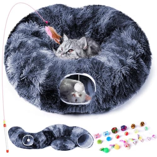 Odoland Cat Tunnel Bed with 20 Cat Toys - Indoor Plush Kitten Couch,Detachable Cats Cave Donut Tunnel & Soft Kitten Toy Set-Cozy Cat Furniture Blue - Image 1