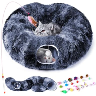 Odoland Cat Tunnel Bed with 20 Cat Toys - Indoor Plush Kitten Couch,Detachable Cats Cave Donut Tunnel & Soft Kitten Toy Set-Cozy Cat Furniture Blue - Image 1