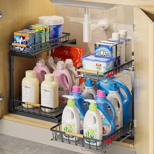 Delamu 2 Pack Under Sink Organizer and Storage, 2 Tier Pull Out Cabinet Organizer, Slide Out Under Sink Storage Shelf, Undersink Organizers Shelves for Kitchen Bathroom Pantry Organization - Image 1
