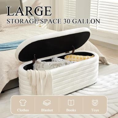 DM Furniture Storage Teddy Ottoman Bench Upholstered Fabric Storage Bench End of Bed Stool with Safety Hinge for Bedroom, Living Room, Entryway, Closet(44.5", White) - Image 3