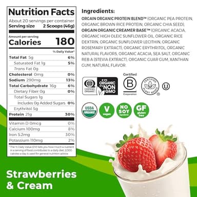 Orgain Organic Vegan Protein Powder, Strawberries & Cream - 21g of Plant Based Protein, Low Net Carbs, Gluten/ Lactose Free, No Sugar Added, Soy Free, Non-GMO, 2.03 Lb - Image 2