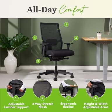 HON Ignition 2.0 Ergonomic Office Chair, Adjustable Tilt, Swivel Wheels, Comfy for Long Hours, Home Office Desk Chairs, Fog - Image 4